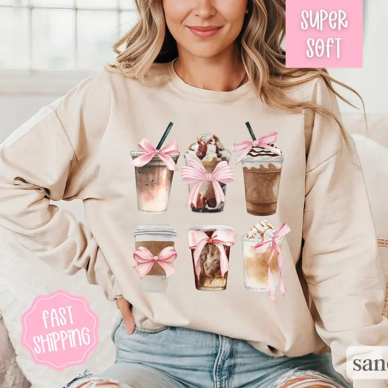 Iced Coffee Sweatshirt, Coffee Lover Shirt, Coquette Clothing, Cute Coffee Crewneck, Gift for Girlfriend, Leggings Outfit...