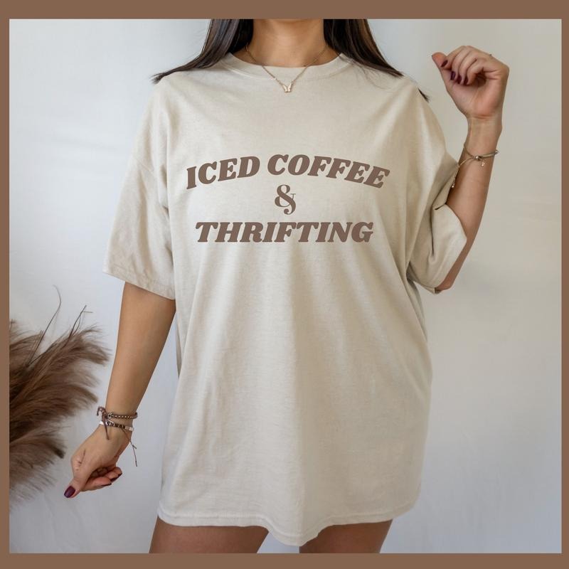 Iced Coffee and Thrifting Graphic Tee Women, Top Womenswear, Casual Graphic T Shirt, Oversized Tee for Spring and Summer...