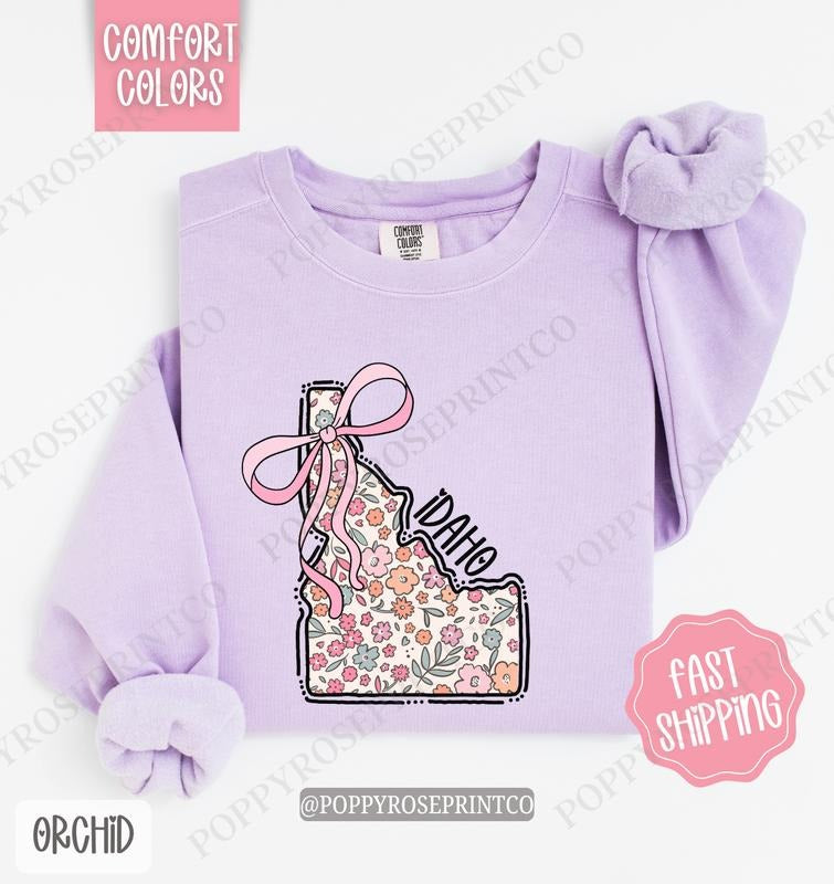 Idaho Floral Comfort Colors Sweatshirt, Idaho Sweatshirt, Cute Bow Idaho Sweatshirt T-Shirts, Hoodie | HypeDripTees.com