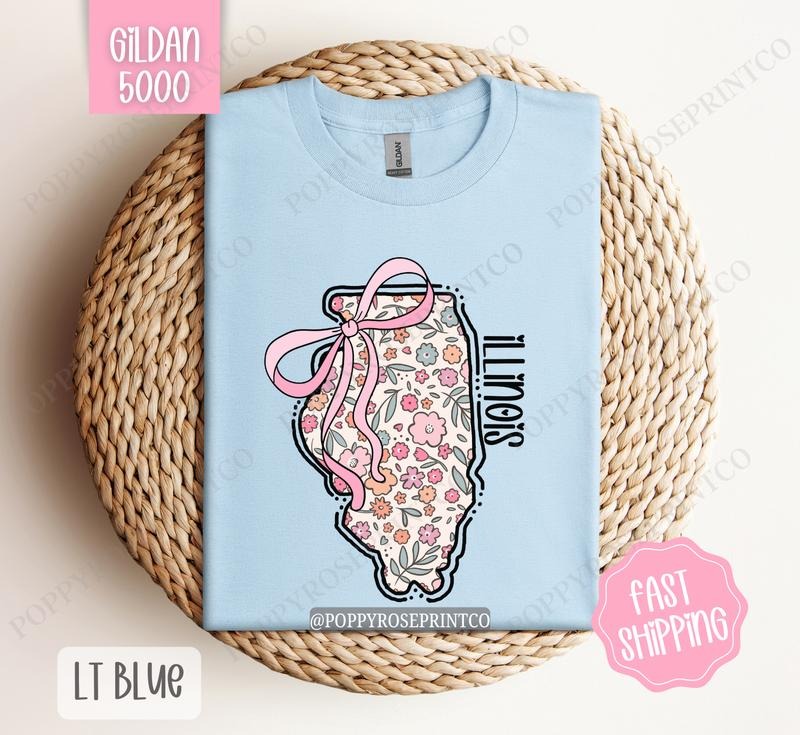 Illinois Gildan T-shirt, Cute Illinois State Shirt, Illinois Floral Bow Tee Hoodie, Sweatshirt | HypeDripTees.com