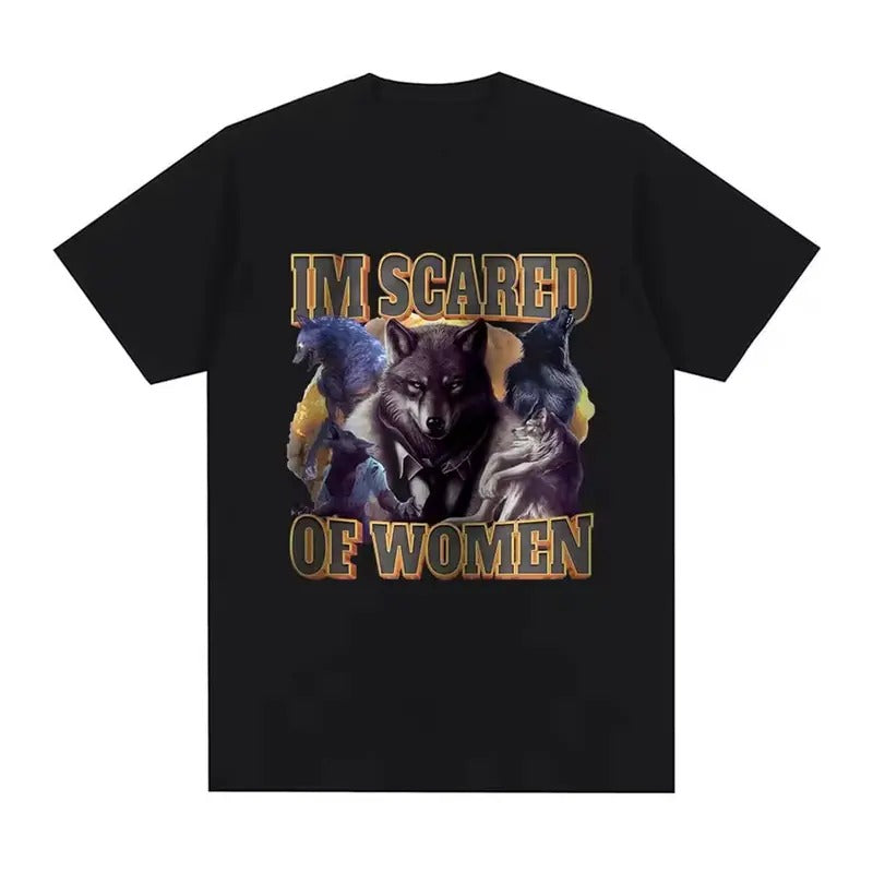 Im Scared Of Women Funny Wolf Meme Vintage Graphic Tee, Men Women Fashion Vintage T-shirt Casual Cotton Cozy Short Sleeve...