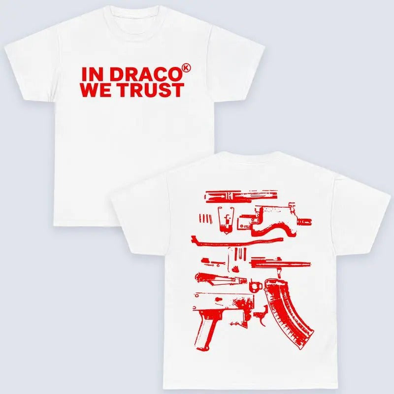 In Draco We Trust Double Sided Tee, White Color and Graphic T-Shirt, Womenswear Top Casual Summer Hoodie, Sweatshirt