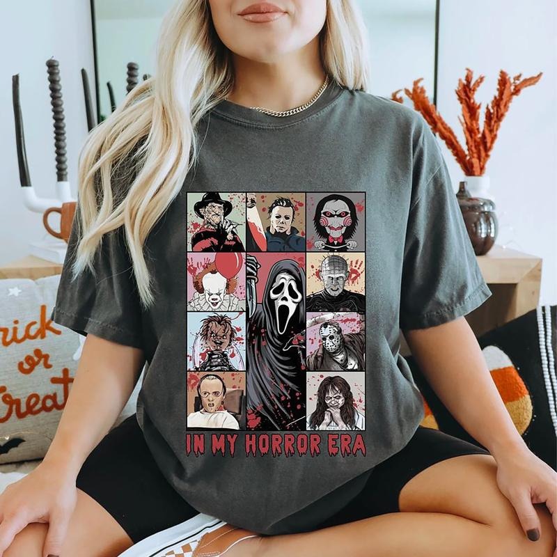 In My Horror Era Shirt, Horror Characters Sweatshirt, Horror Movie T-Shirt, Trendy Halloween Tee, Oversized Spooky Season...