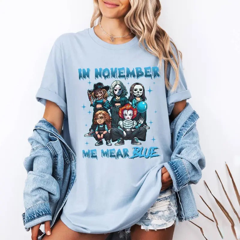 In November We Wear Blue Shirt Halloween Character Diabetes Awareness Tshirt Diabetes Awareness Month Shirt men s  shirt...