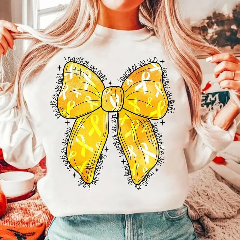 In September We Wear Gold Shirt, Cancer Coquette Bow Gold Sweatshirt, Childhood Cancer Awareness, Gold Ribbon, Together...
