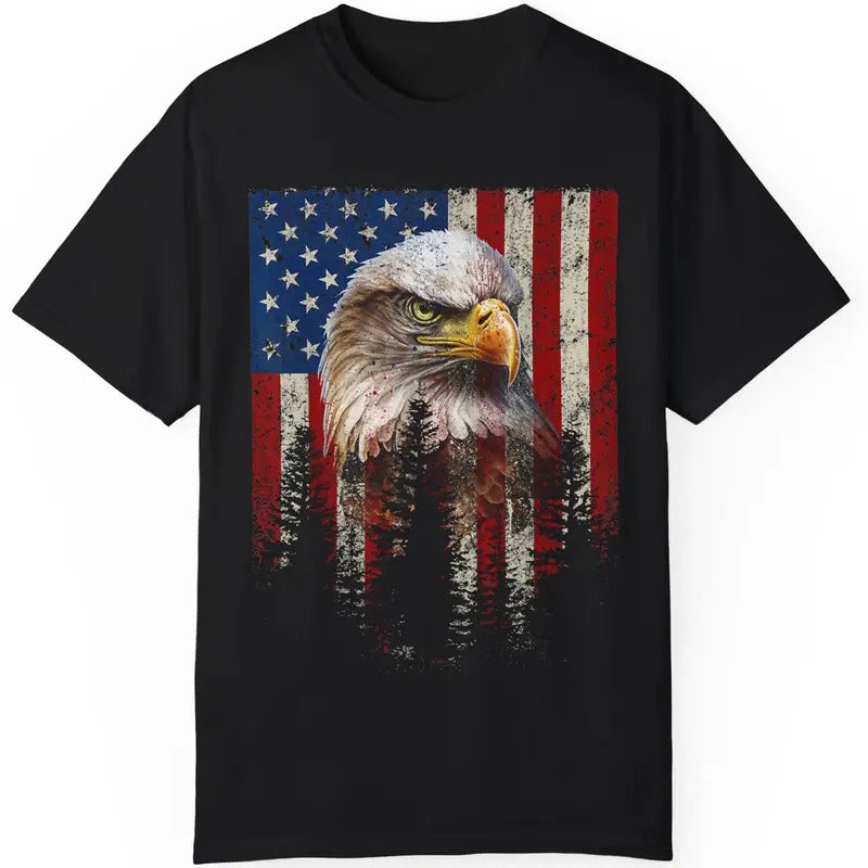 Independence Day Shirt, Bald Eagle American Flag Pine Tree Patriotic Red White Blue T-Shirt