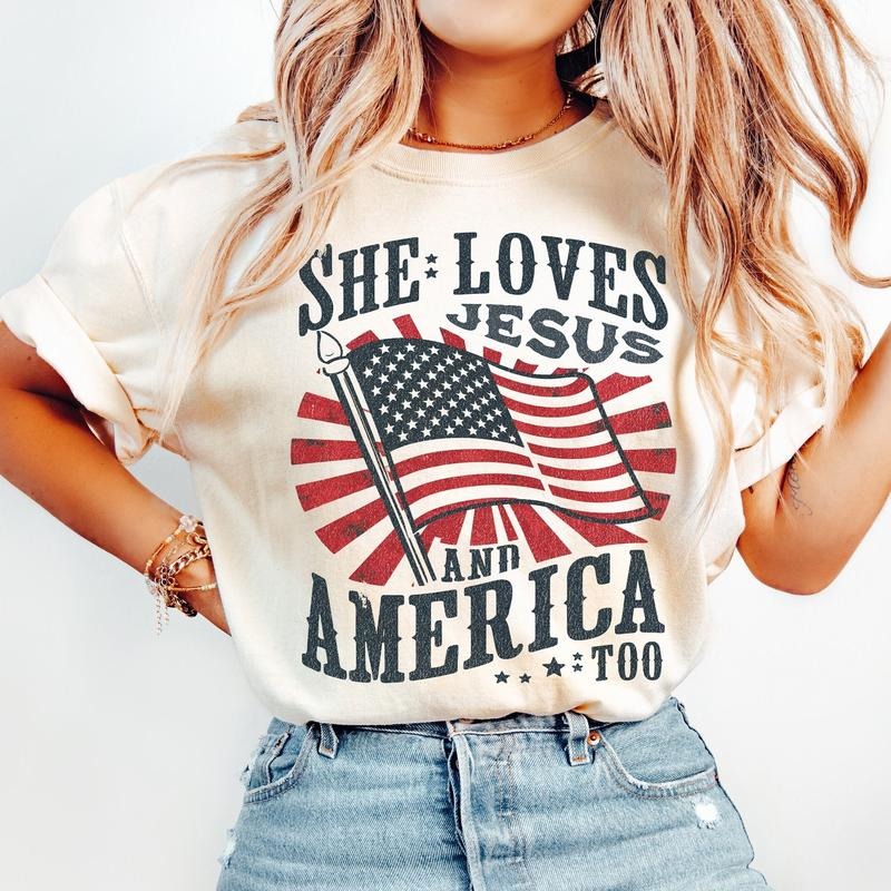 Independence Day Tee Shirt, Christian Shirt, 4th Of July Shirt, She Loves Jesus And America Too Shirt, America Retro...