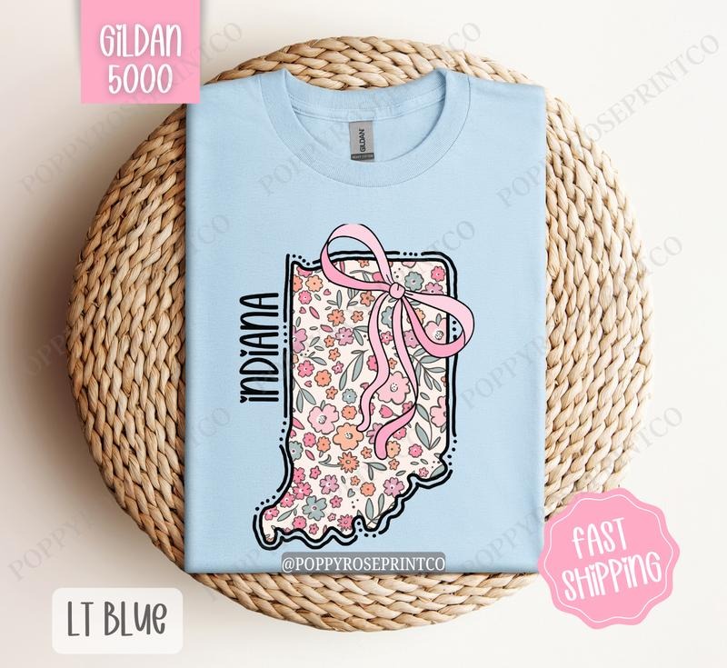 Indiana Gildan T-shirt, Cute Indiana State Shirt, Indiana Floral Bow Tee Hoodie, Sweatshirt | HypeDripTees.com