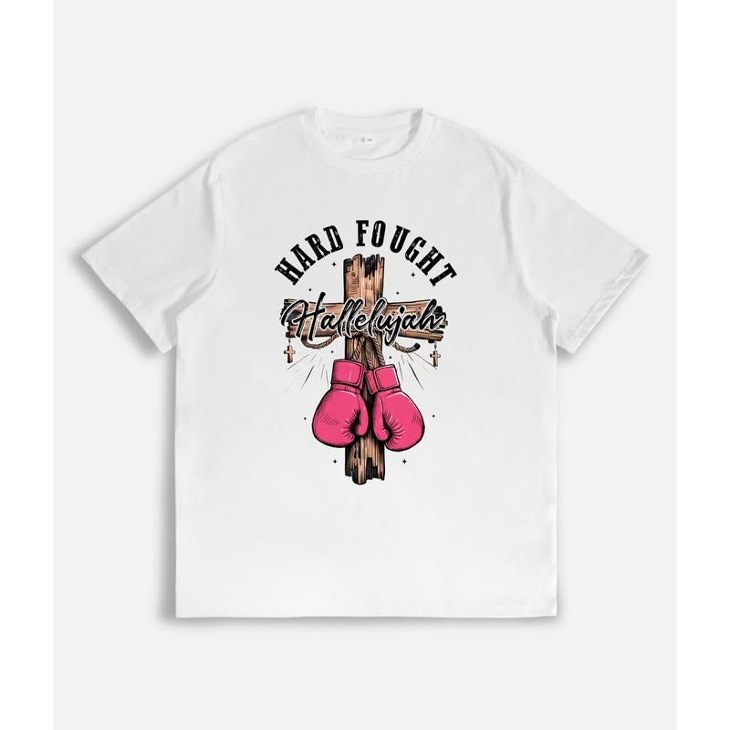 Inspirational T - Shirt with "Hard Fought Hallelujah" Motif and Cross Symbol for Faith