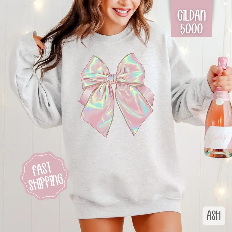 Iridescent Coquette Bow Sweatshirt, Bow Crewneck, Cute Women's Sweater T-Shirts, Hoodie | HypeDripTees.com