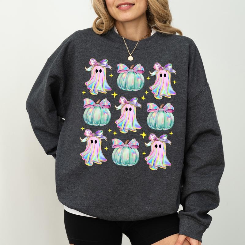 Iridescent Fall Sweatshirt, Coquette Iridescent Ghost Crewneck, Coquette Pumpkins Sweater, Autumn Vibes Long Sleeves...