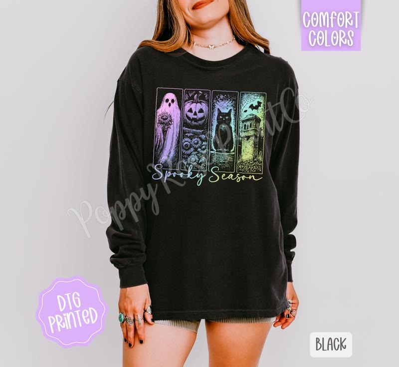 Iridescent Spooky Season Comfort Colors Long Sleeve T-Shirt, Cute Women's Halloween Tee Hoodie, Sweatshirt | HypeDripTees.com