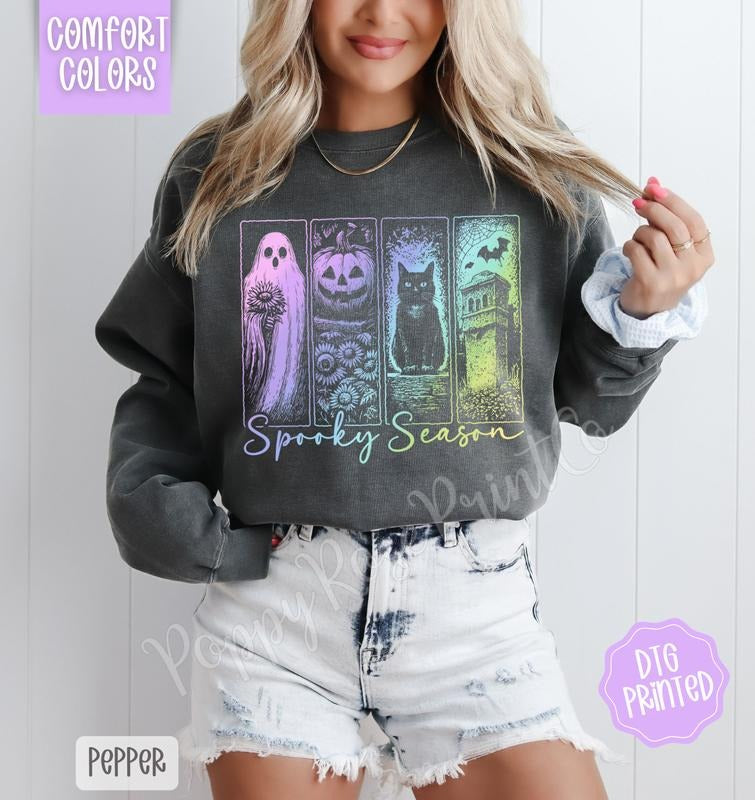 Iridescent Spooky Season Comfort Colors Sweatshirt, Trendy Halloween Crewneck T-Shirts, Hoodie | HypeDripTees.com