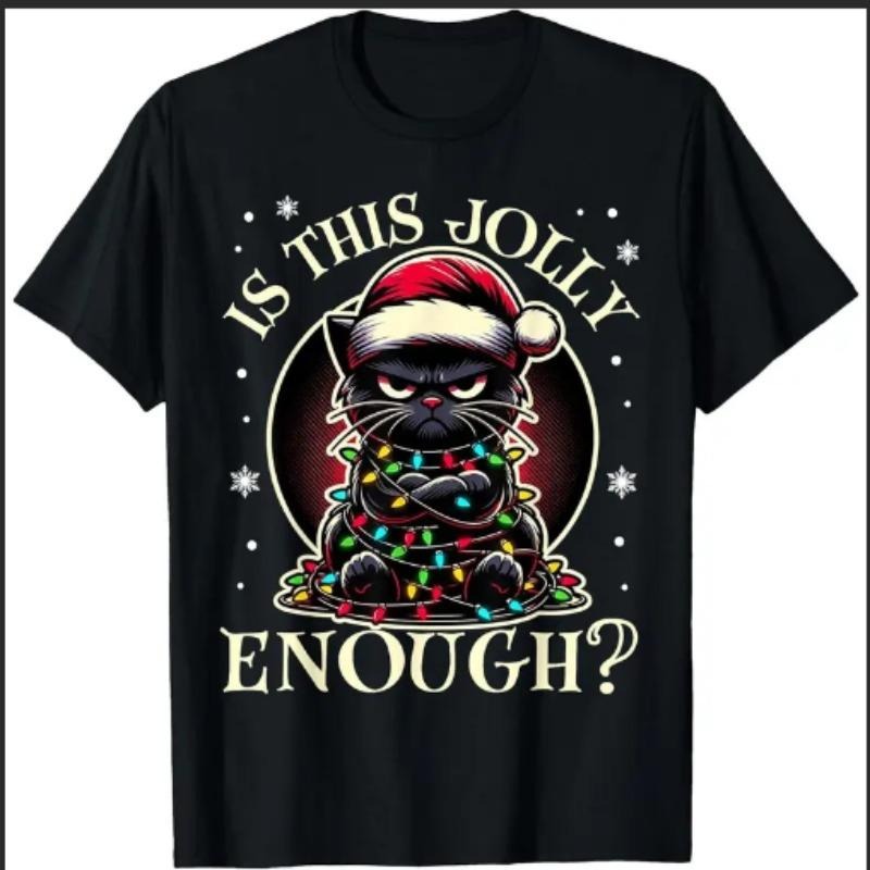 Is This Jolly Enough Funny Black Cat Christmas Tree Lights T-Shirt Hoodie, Sweatshirt | HypeDripTees.com