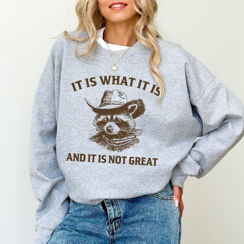 It Is Not Great Raccoon Sweatshirt, Funny Raccoon Meme Crewneck, Vintage Raccoon Sweater, Sarcastic Top, Retro Trash...