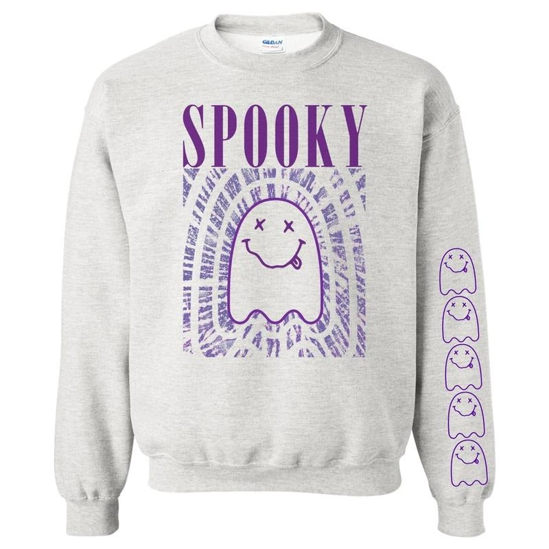 'It Smells Like Spooky Spirit' Halloween Ghost Sweatshirt, Sleeve Print T-Shirts, Hoodie | HypeDripTees.com