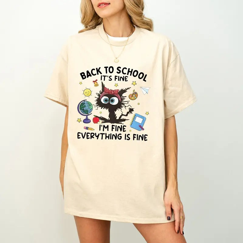 It's Fine I'm Fine Everything Is Fine Black Cat Teacher Shirt, Funny Kindergarten Teacher Shirt, Funny Teacher Gifts...