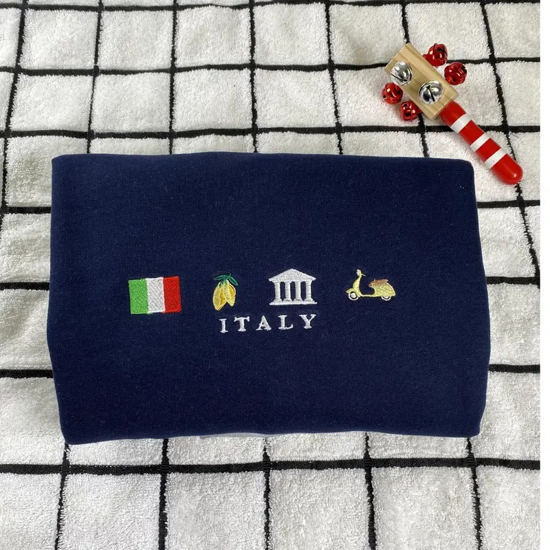 Italy Embroidered Sweatshirt -  Black, Flag, Lemon, Travel Summer, Vespa Scooter, Europe - Dolce Vita Mediterranean...