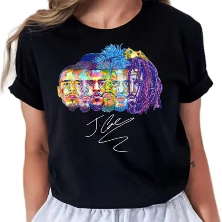 J Cole face T-Shirt, Colorful Graphic Design, Hip Hop Artist, Rap Music Merch, Signed Shirt, Streetwear Style, Vintage...