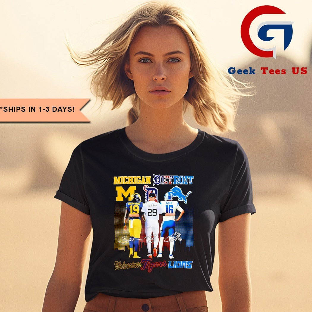 J.J. McCarthy Michigan Wolverines X Tarik Skubal Detroit Tigers X Jared Goff Detroit Lions signature shirt