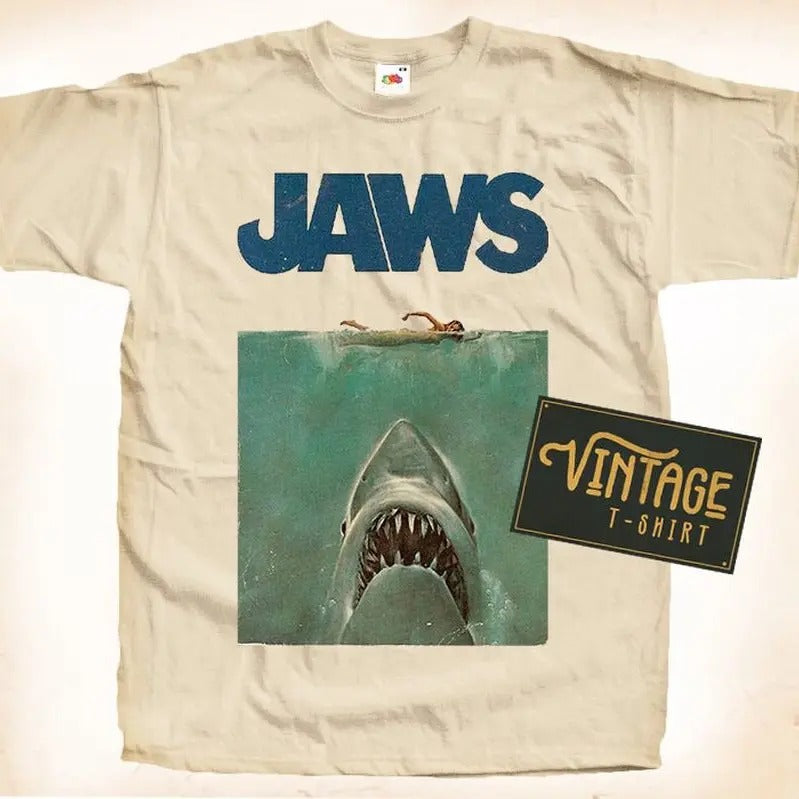 JAWS Horror V1 T shirt Tee Natural Vintage Cotton Movie Poster Beige All Sizes S M L XL 2X 3X 4X 5X Hoodie, Sweatshirt
