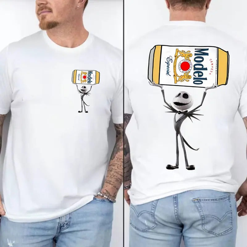 Jack Modelo Skellington Halloween 2 Sides T-shirt, Skeleton Modelo T-shirt Full Color, Modelo Halloween T-shirt For Men...