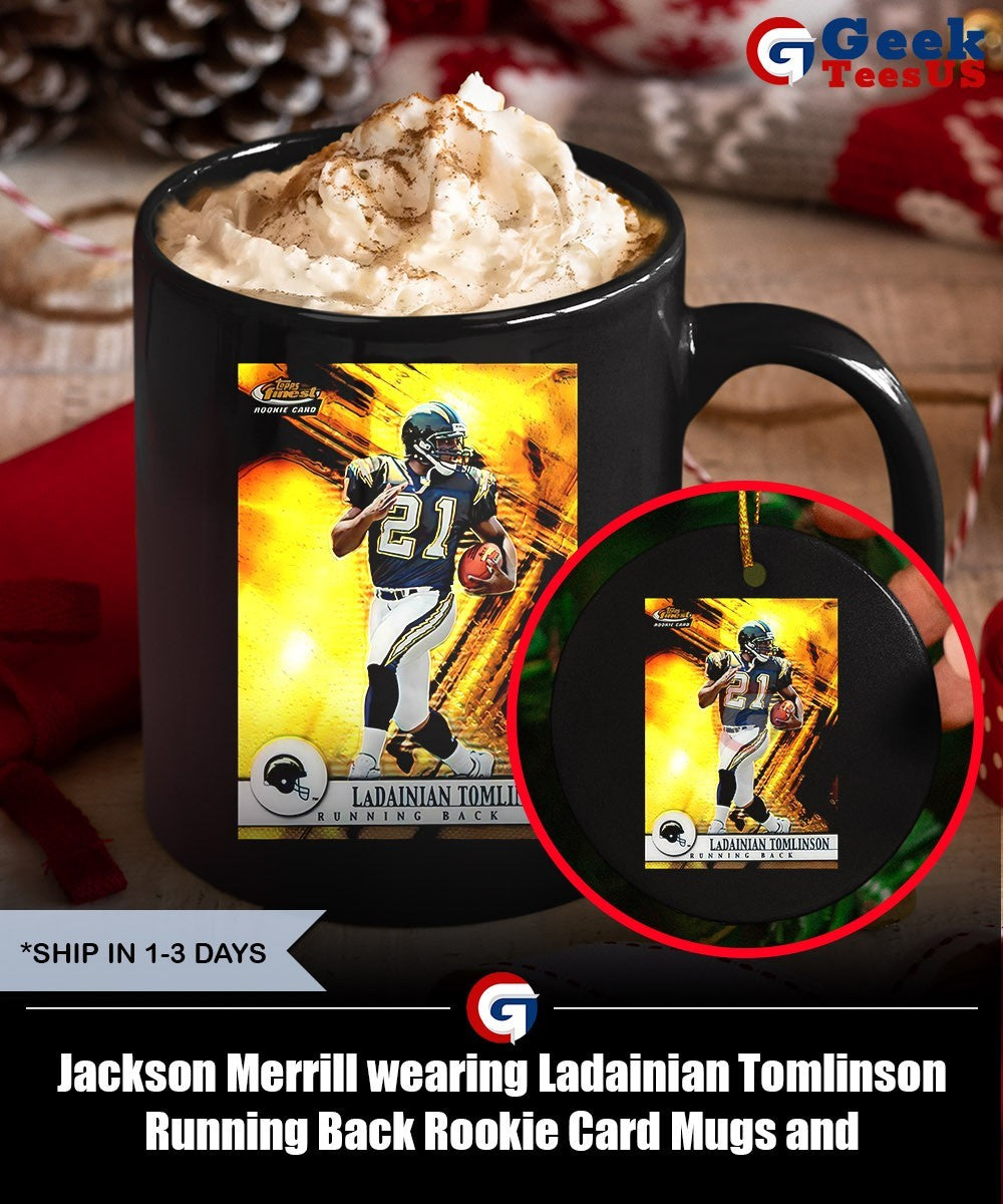 Jackson Merrill wearing Ladainian Tomlinson Running Back Rookie Card shirt