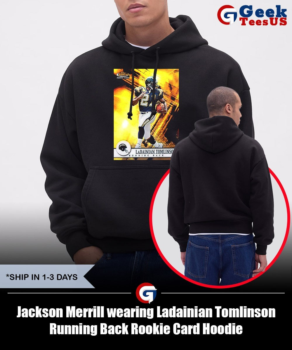 Jackson Merrill wearing Ladainian Tomlinson Running Back Rookie Card shirt