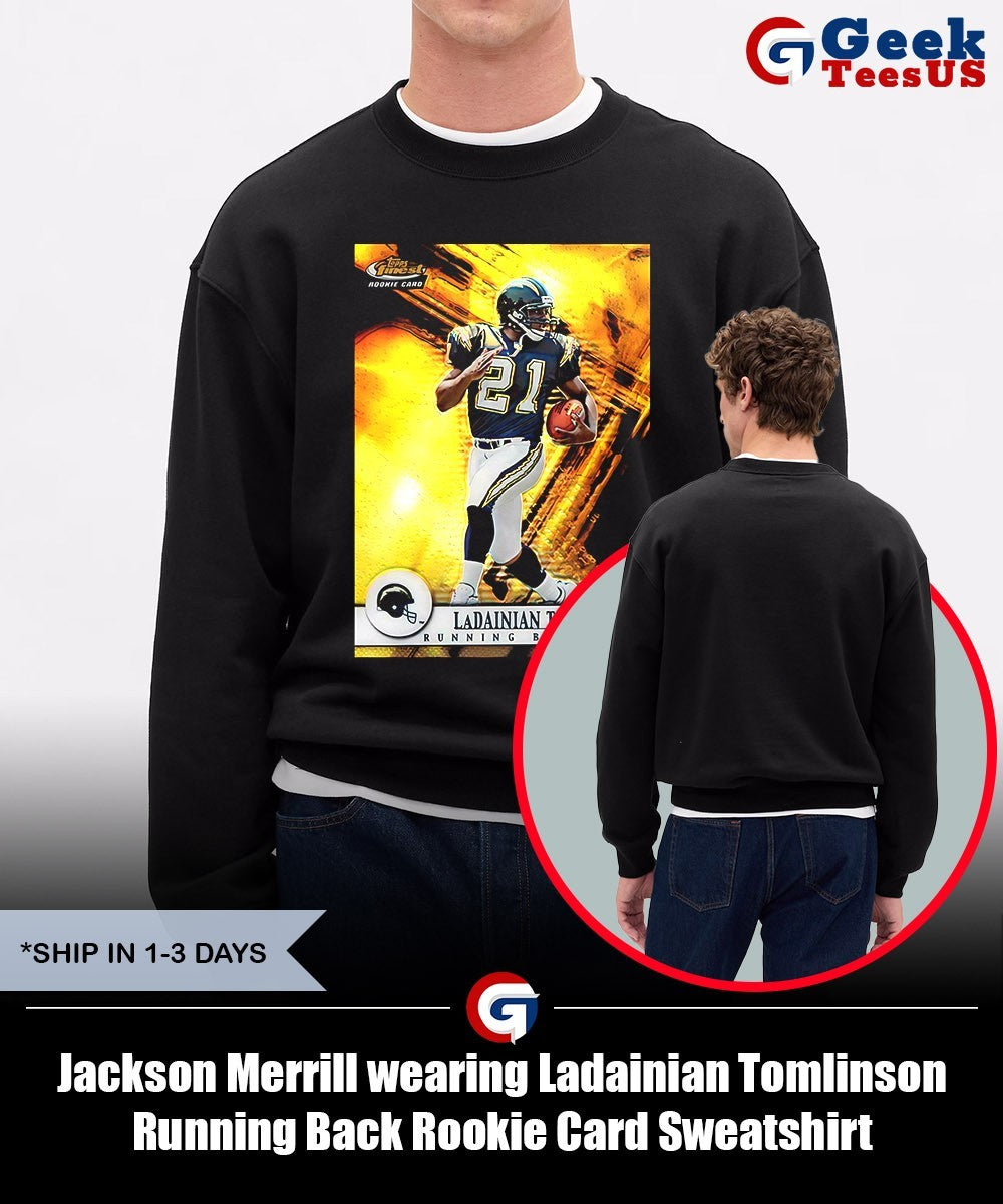 Jackson Merrill wearing Ladainian Tomlinson Running Back Rookie Card shirt