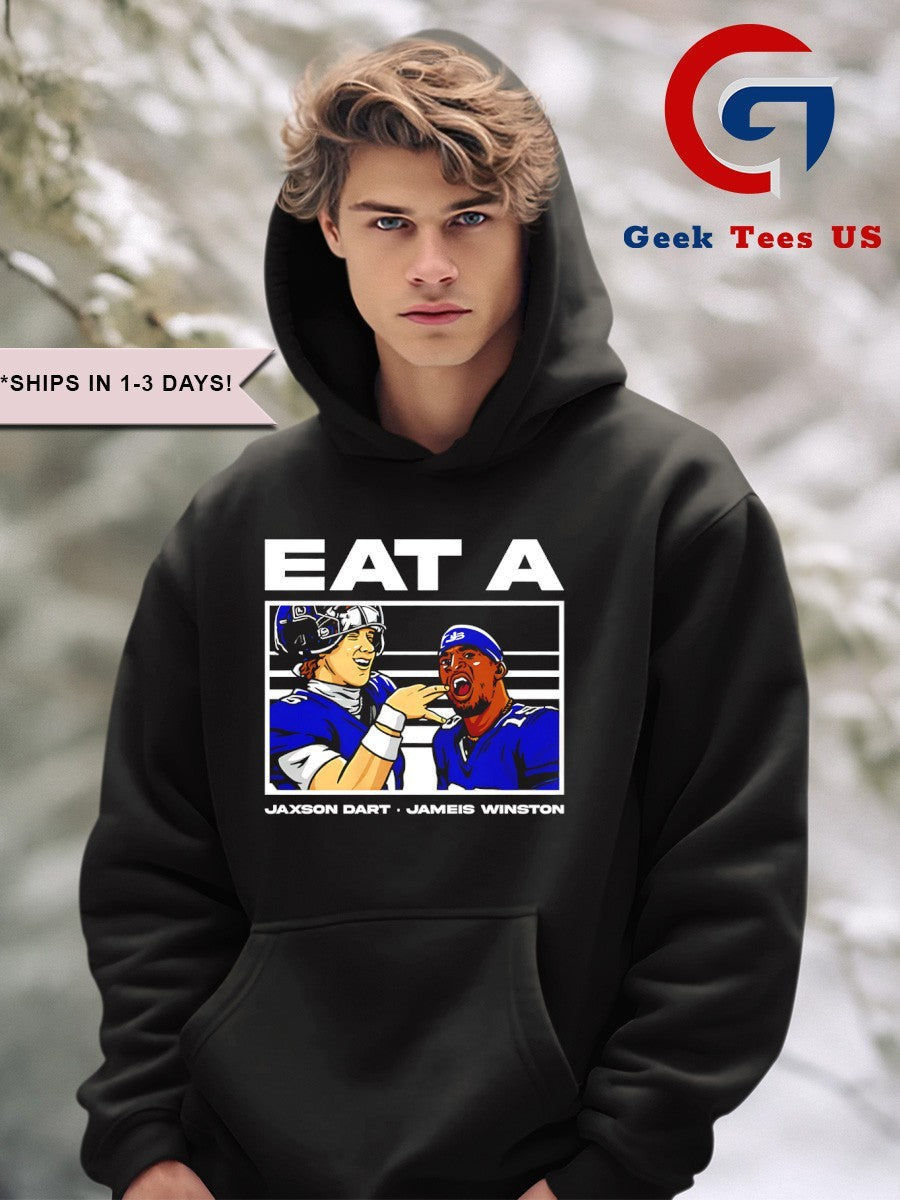 Jameis Winston and Jaxson Dart eat A W New York Giants shirt