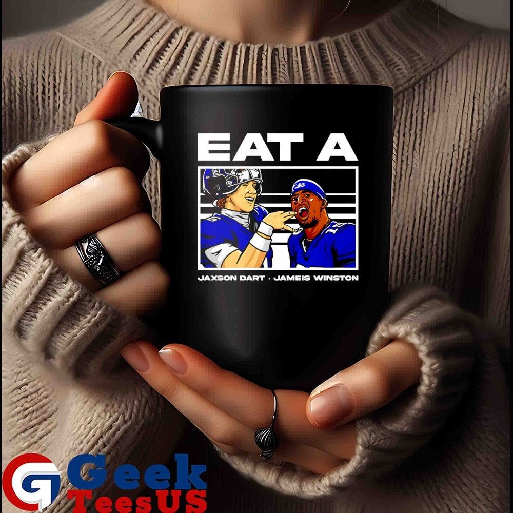 Jameis Winston and Jaxson Dart eat A W New York Giants shirt