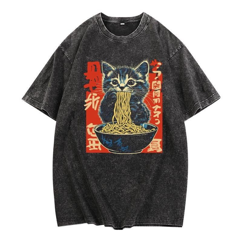 Japanese - inspired Washed Women's T - Shirt: Chic Kitten
