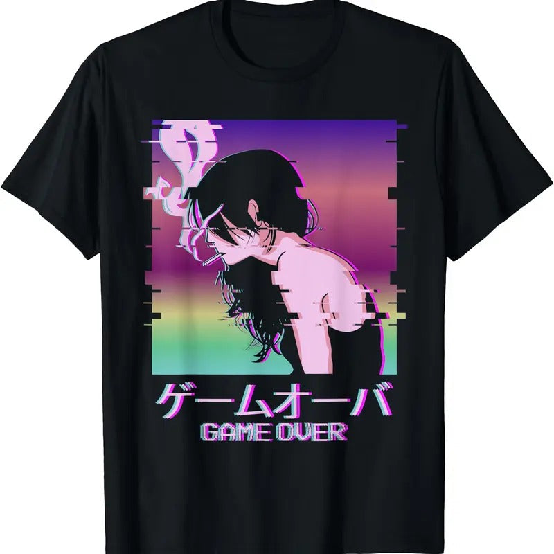 Japanese Vaporwave Sad Anime Girl Game Over Indie Aesthetic T-Shirt | Unisex Cotton Tee, Short Sleeve, Crewneck, Size...