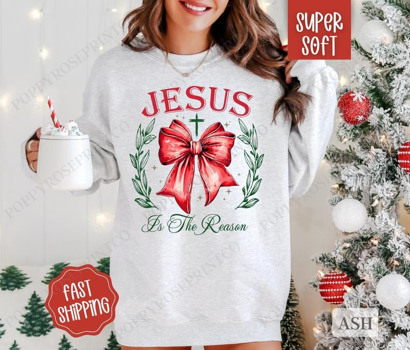 Jesus Bow Sweatshirt, Christmas Sweater, Women's Holiday Crewneck T-Shirts, Hoodie | HypeDripTees.com