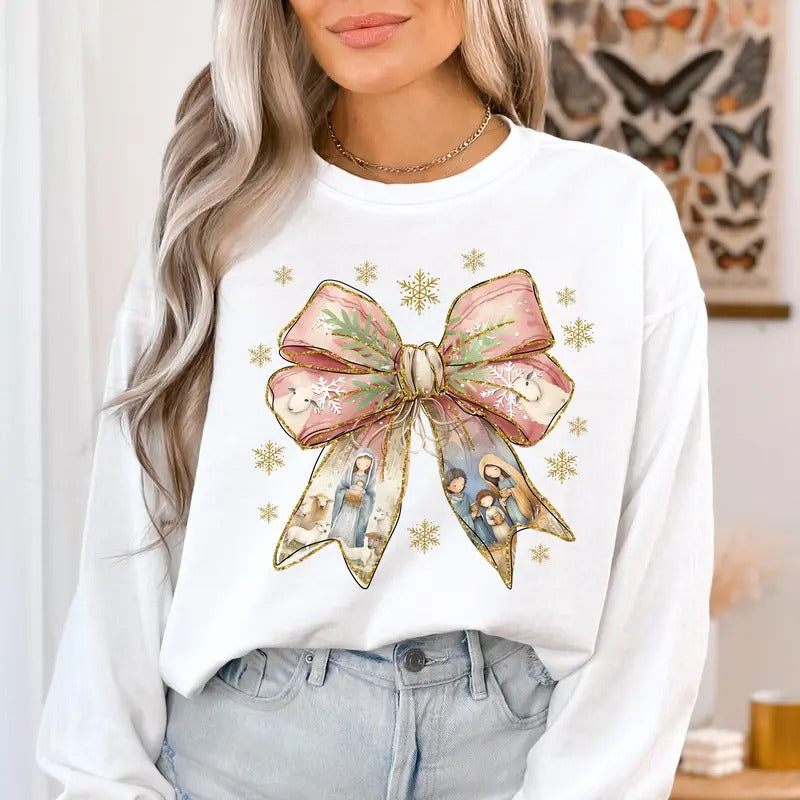 Jesus Christmas Sweatshirt, Coquette Bow Design T-Shirt, Christian Holiday Fashion, Hoodie Cozy & Festive Winter Outfit...