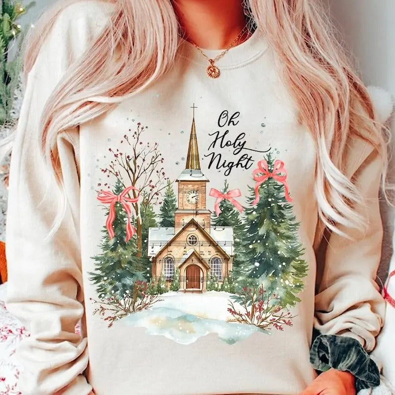 Jesus Christmas Sweatshirt, Coquette Christmas Tree Shirt, Oh Holy Night Shirt, Hand Drawn, Christian Christmas, Adore...