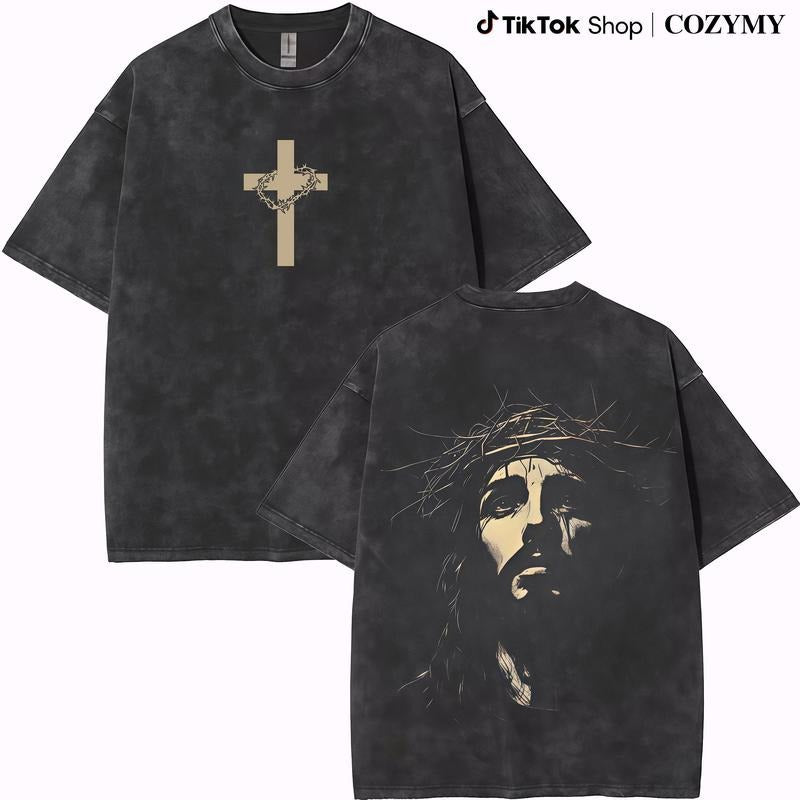 Jesus Crown of Thorns Washed T-Shirt, God Christian Comfort Colors Pure Ring-Spun Cotton Fabric Casual Crew Neck...