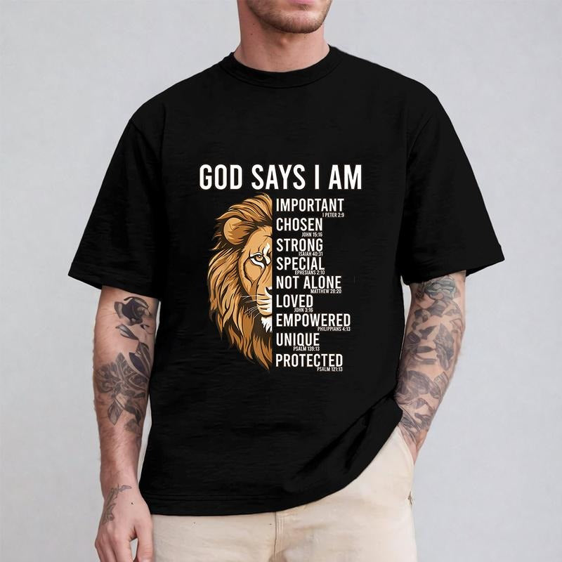 Jesus God Says I Am Lion Christian Shirt Casual Style Crew Neck Short Sleeve T-Shirt Tops Trendy for Unisex, Perfect Gift...