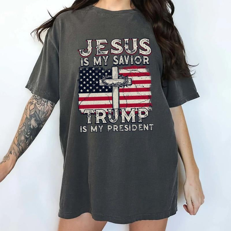Jesus Is My Savior Trummpp Is My President Shirt Comfort Colors, Vintage American Flag Tee, Christian Tshirt, Jesus Cross...