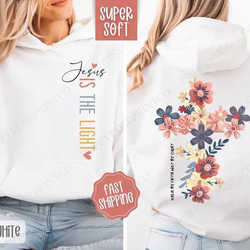Jesus Is The Light Hoodie, Religious Women's Hooded Sweatshirt, Trendy Women's Hoodie T-Shirts | HypeDripTees.com