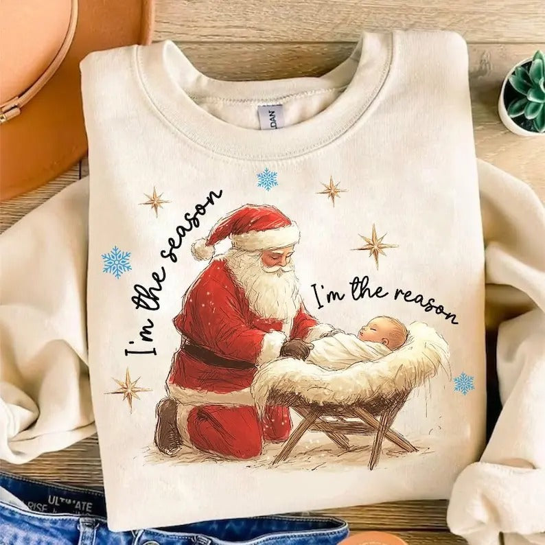 Jesus Is The Reason For The Season Sweatshirt, Christmas Season Shirt, Christmas Jesus Shirt, Santa and Jesus Christmas...