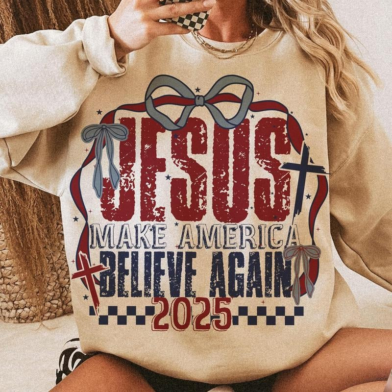 Jesus Make America Believe Again Shirt Shirt, Coquette 4Th Of July Shirt, Christian 4Th Of July Shirt, American Girl...