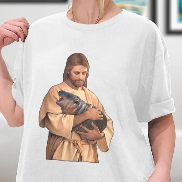 Jesus Moo Deng Shirt, Jesus Loves Moo Deng Bouncy Pig Cute Baby Hippo Meme T-Shirt, Moo Deng Shirt Hoodie, Sweatshirt