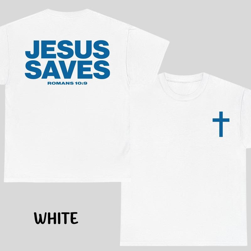 Jesus Saves Romans 10:9 Christian T-shirt - Bible Verse Faith Graphic Tee with Cross Print, Religious Streetwear Style...