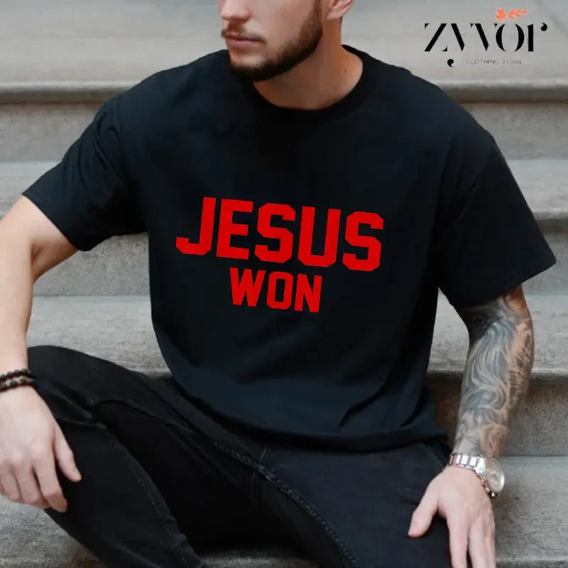 Jesus Won T-Shirt Casual Style Crew Neck Short Sleeve T-Shirt Tops Trendy for Unisex, Perfect Gift Hoodie, Sweatshirt