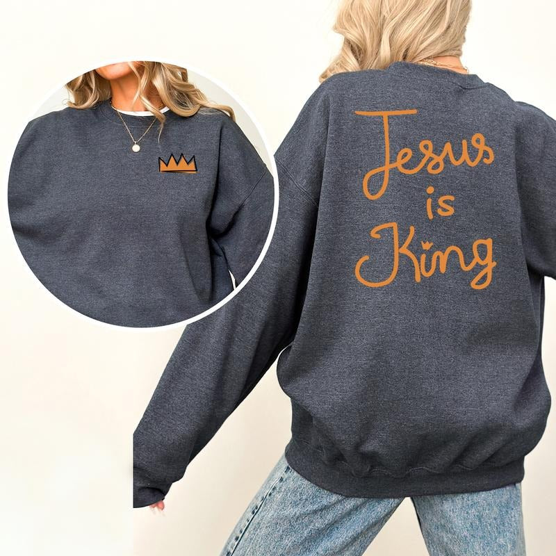 Jesus is King Sweatshirt, Retro Christian Sweater, Religious Shirt, Bible Verse Long Sleeve Pullover Hoodie