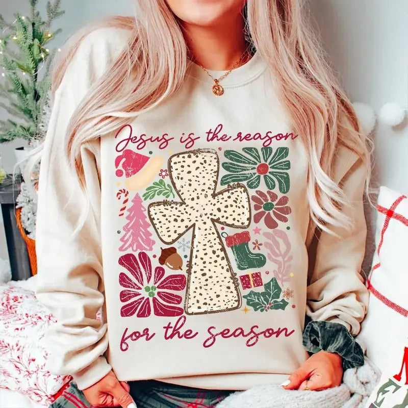 Jesus is the Reason for the Season Boho Floral Sweatshirt, Christian Christmas Jesus Cross Dalmatian Dots Tee Hoodie