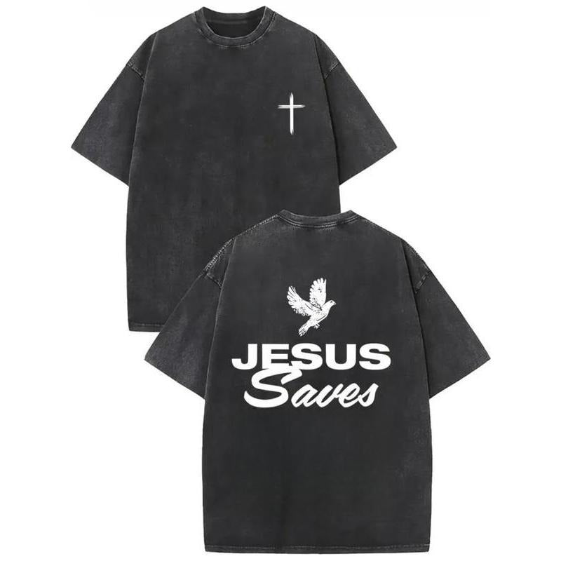 Jesus saves - double-sided, worn-out vintage washed cotton printed T-shirt, round neck short sleeves. Fashionably loose...