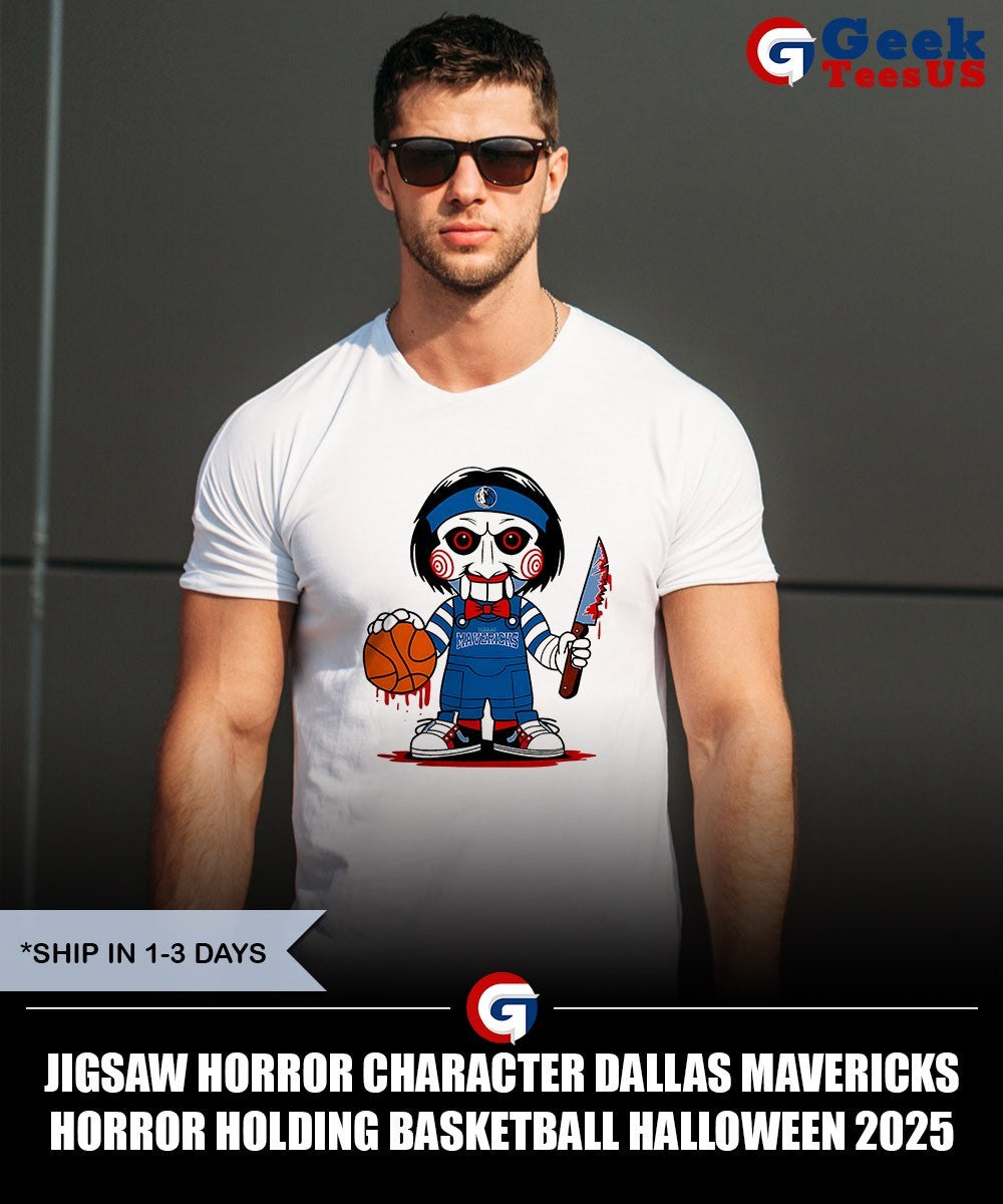 Jigsaw horror character Dallas Mavericks Horror holding basketball Halloween 2025 shirt