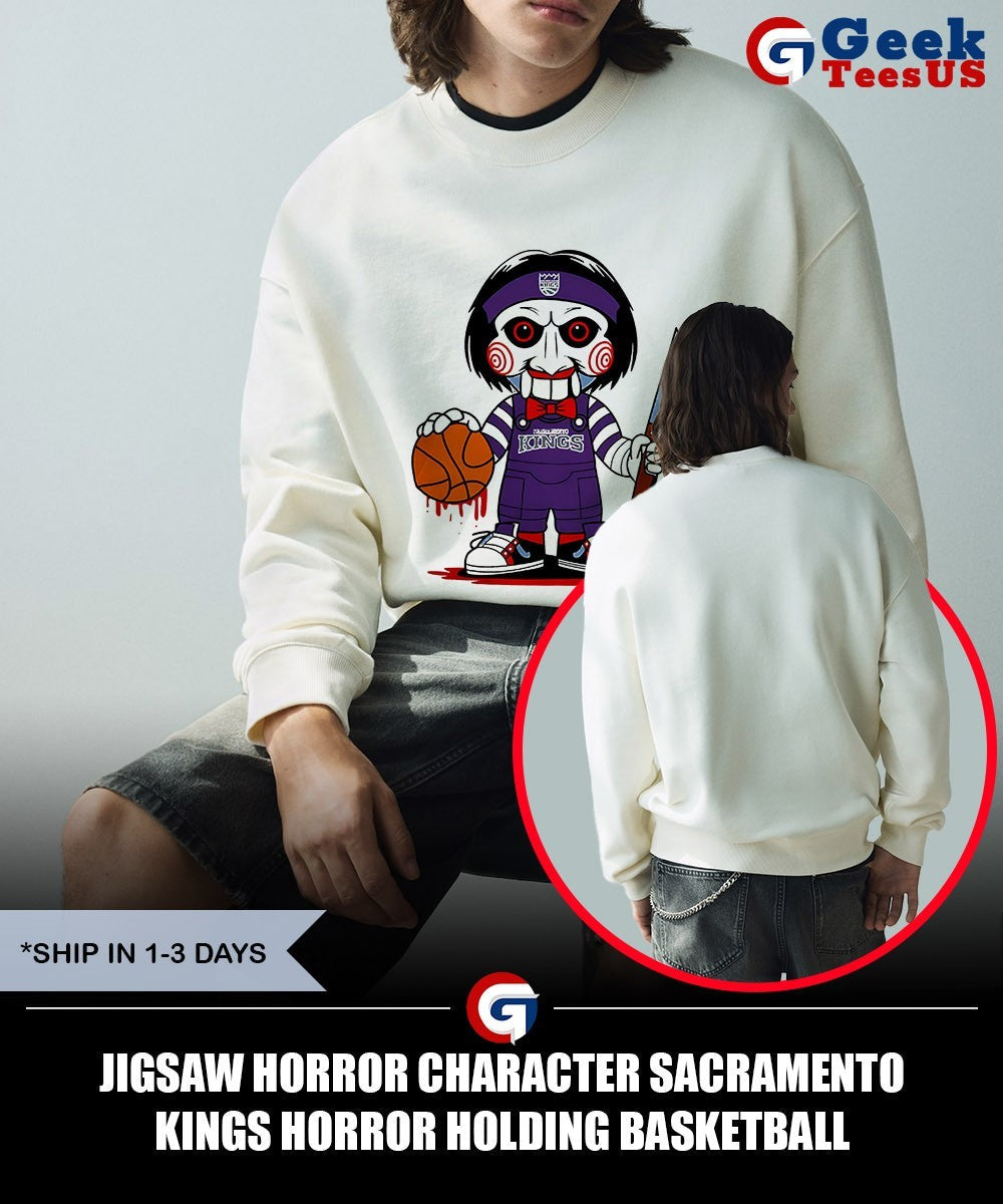 Jigsaw horror character Sacramento Kings Horror holding basketball Halloween 2025 shirt